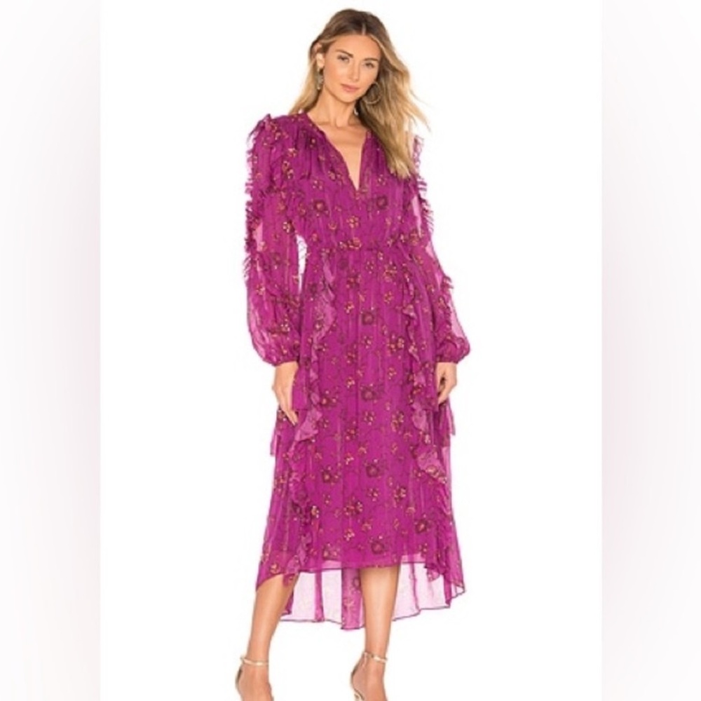 Ulla Johnson Midi Ellette Silk Dress Magenta Ruffled Floral